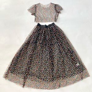 Sheer Black Mesh Rainbow Polka Dot Crop Top & Maxi Tulle Skirt Coord Set Large